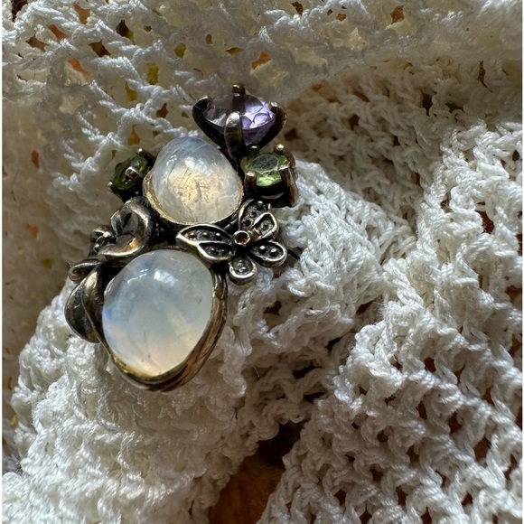 MOONSTONE RAINBOW AMETHYST PERIDOT DIAMOND GOLD AND .925 ORIGINAL CUSTOM RING - Picture 4 of 14